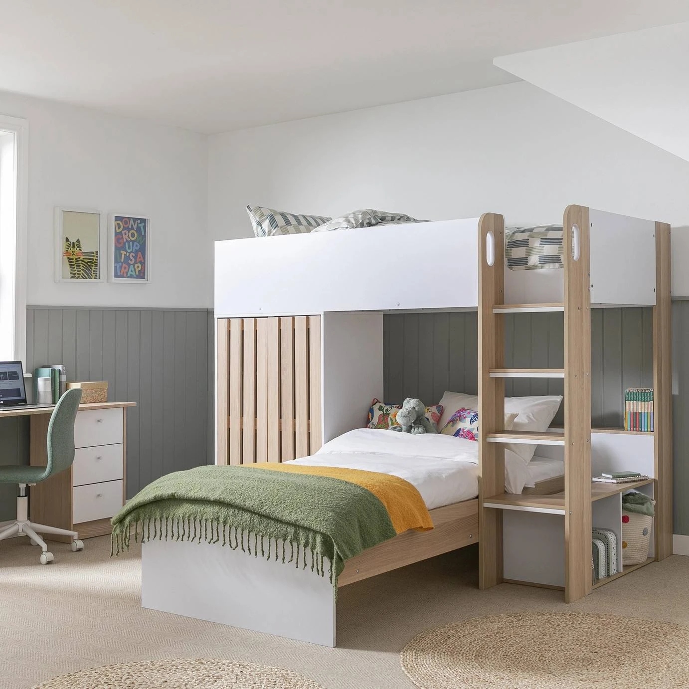 Modern Multifunctional Kids Loft Bed with Integrated Wardrobe & Desk Space, Twin Size High Sleeper w