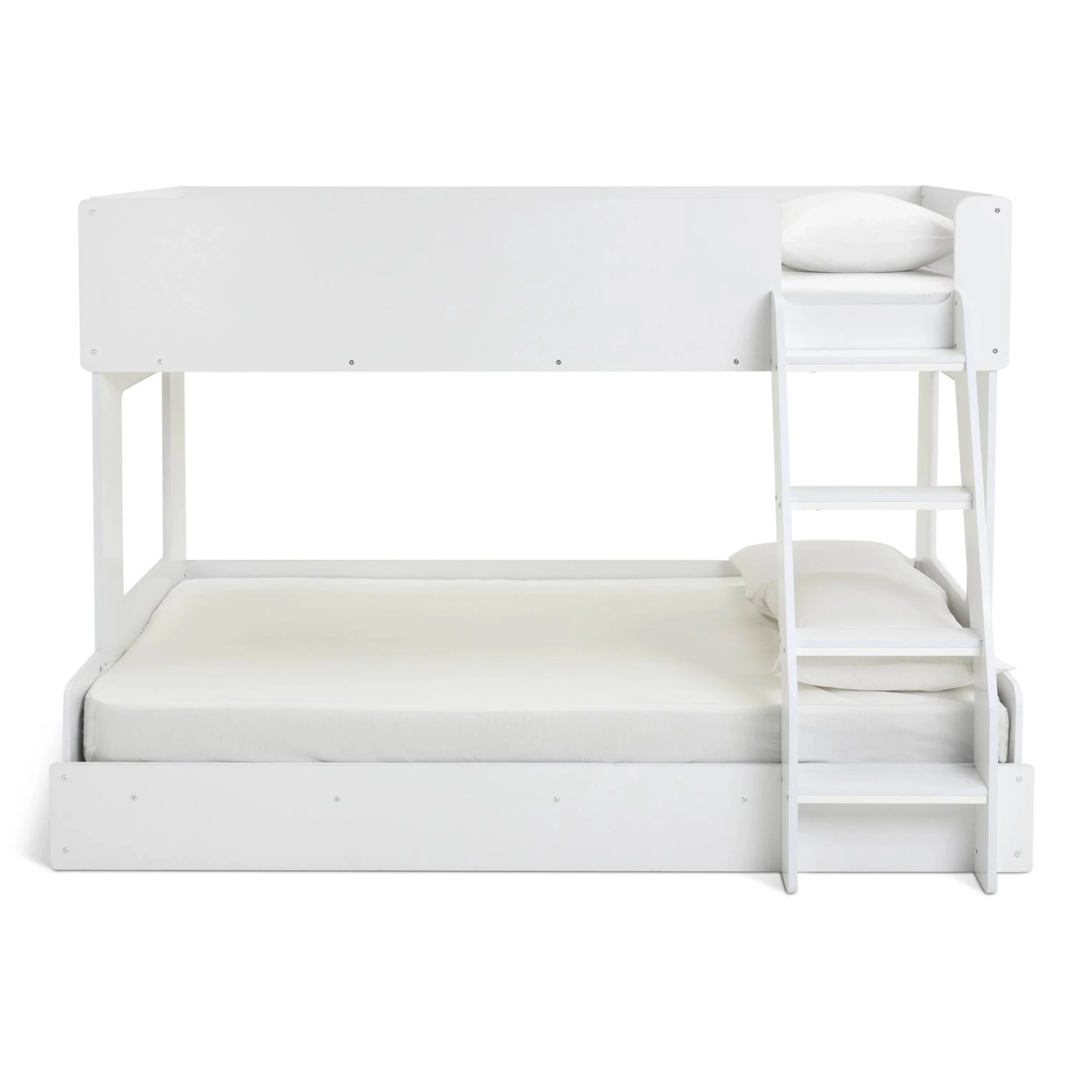 Modern White Wooden Bunk Bed for Kids, Twin over Twin High Sleeper with Safety Guardrails & Angled L