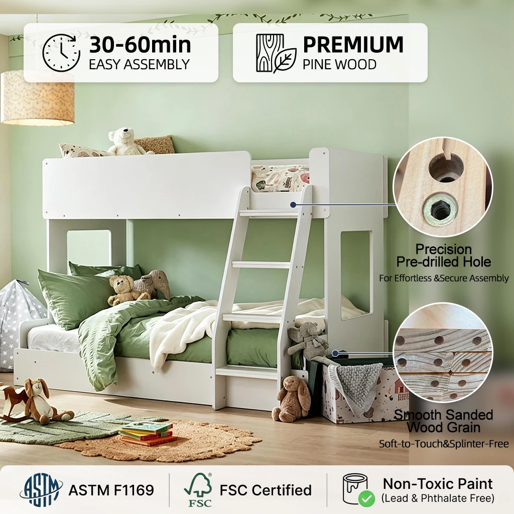 Modern White Wooden Bunk Bed for Kids, Twin over Twin High Sleeper with Safety Guardrails & Angled L