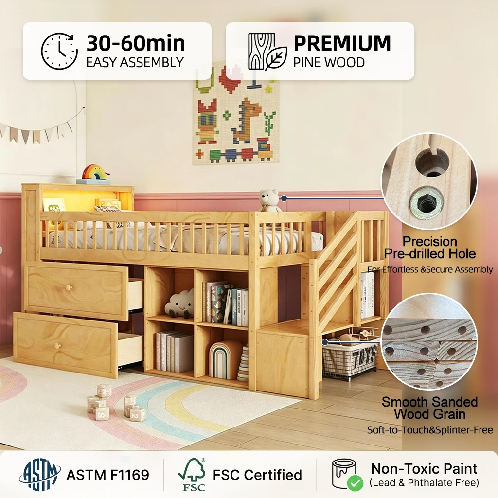Modern Solid Wood Kids Mid-Loft Bed with LED Headboard Storage, Integrated Bookshelf & Safety Storag