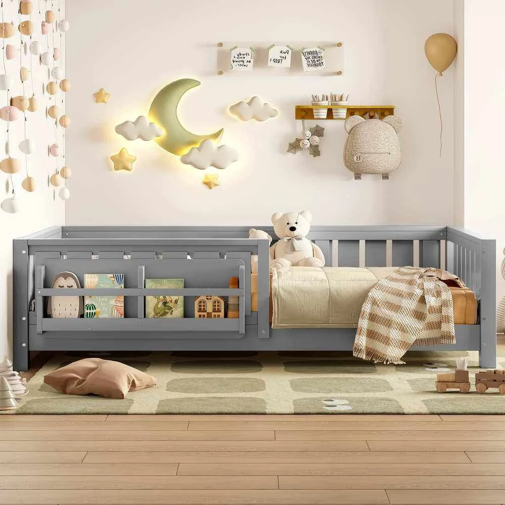 Montessori Kids Floor Bed with Safety Guardrails & Integrated Bookshelf, Modern Solid Wood Toddler F