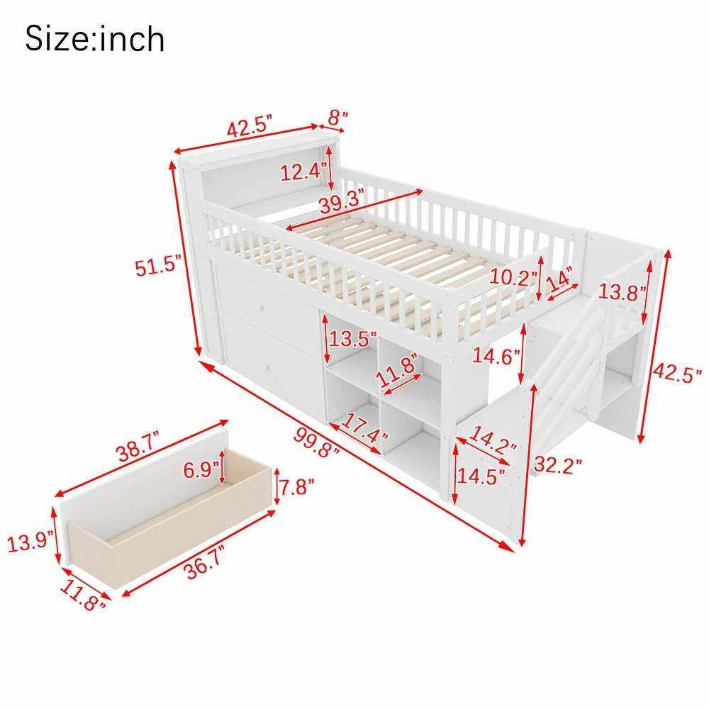 Modern Solid Wood Kids Mid-Loft Bed with LED Headboard Storage, Integrated Bookshelf & Safety Storag