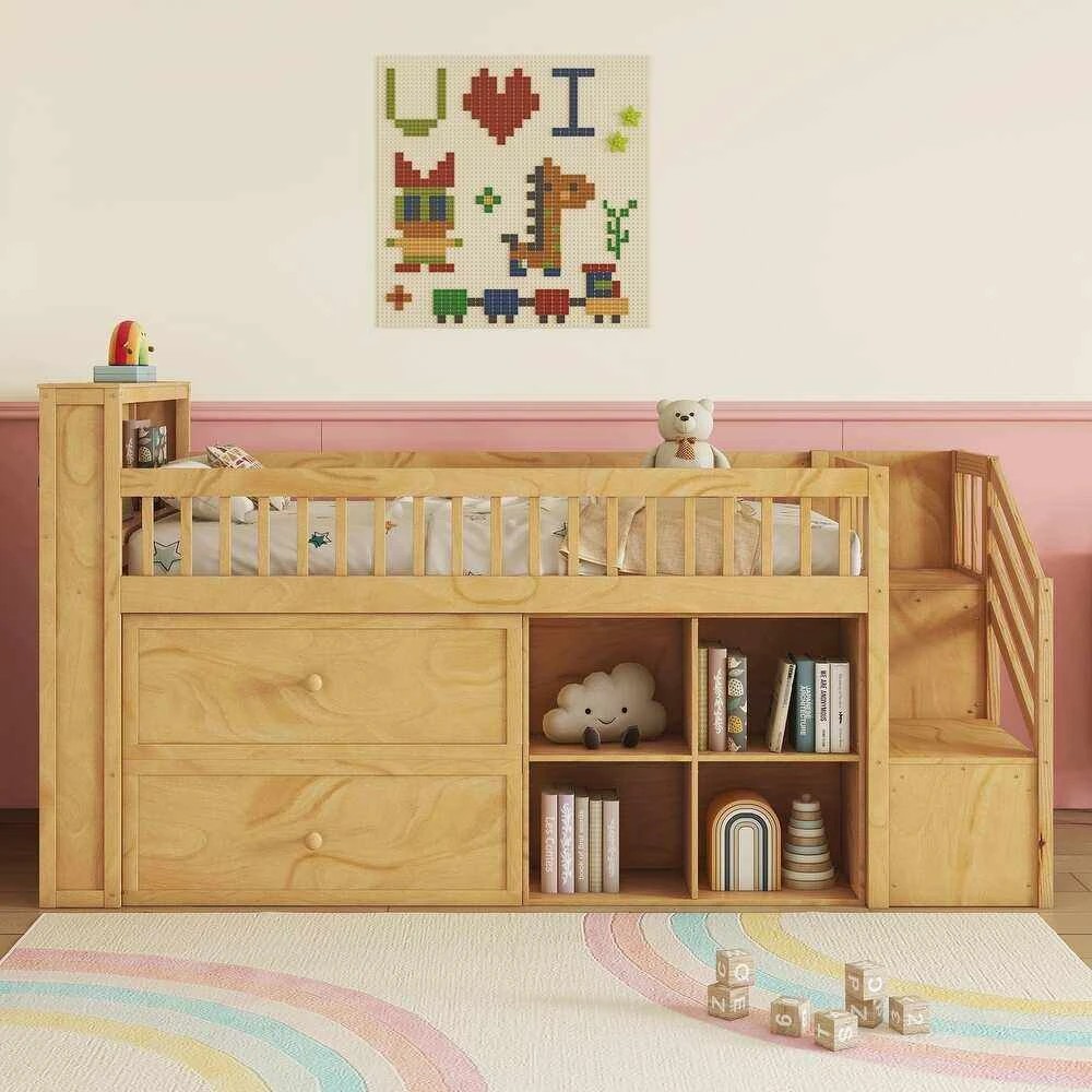 Modern Solid Wood Kids Mid-Loft Bed with LED Headboard Storage, Integrated Bookshelf & Safety Storag