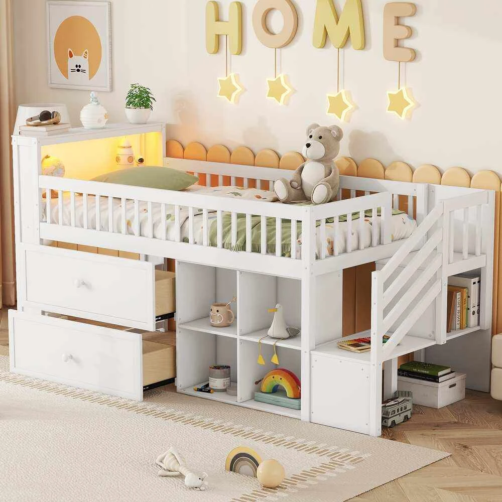 Modern Solid Wood Kids Mid-Loft Bed with LED Headboard Storage, Integrated Bookshelf & Safety Storag