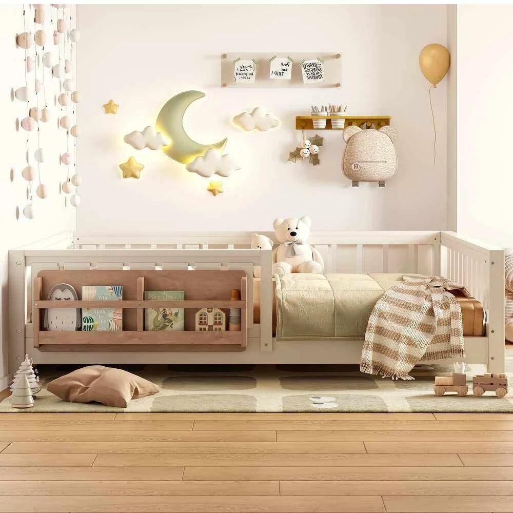 Montessori Kids Floor Bed with Safety Guardrails & Integrated Bookshelf, Modern Solid Wood Toddler F