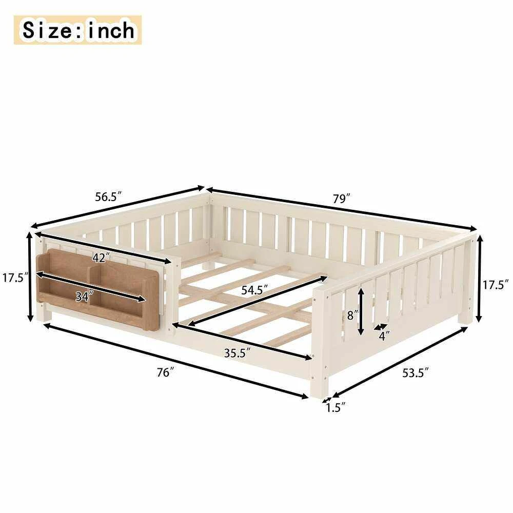 Montessori Kids Floor Bed with Safety Guardrails & Integrated Bookshelf, Modern Solid Wood Toddler F
