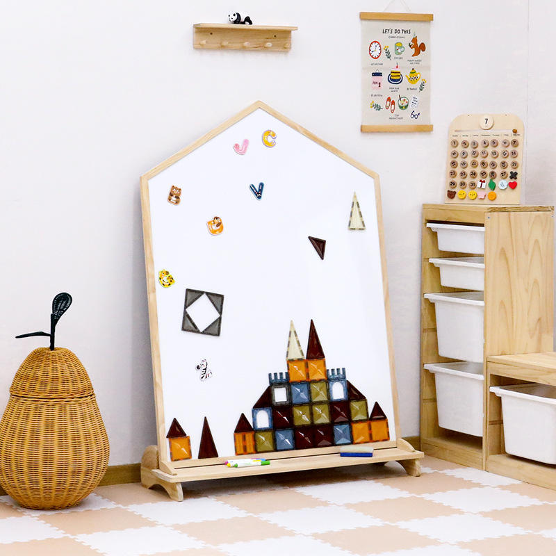 Modern House-Shaped Kids Magnetic Art Easel, Solid Wood Standing Whiteboard & Chalkboard for Toddler