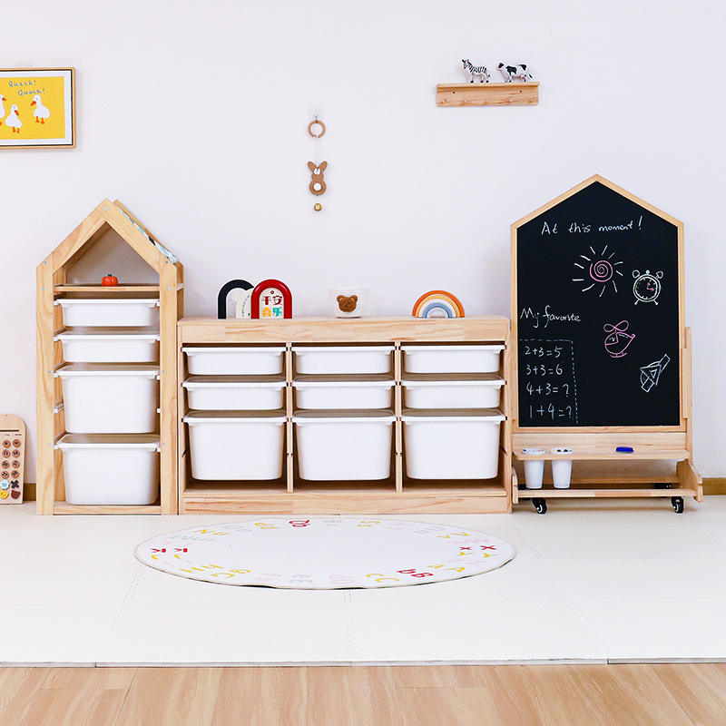 Montessori Kids Toy Storage Organizer Set, Solid Wood Children's Bookshelf with Plastic Bins & Mobil