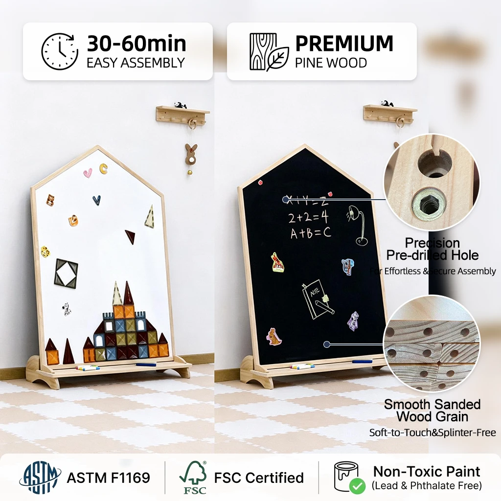 Modern House-Shaped Kids Magnetic Art Easel, Solid Wood Standing Whiteboard & Chalkboard for Toddler