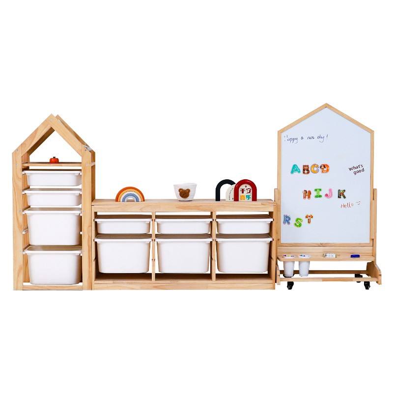 Montessori Kids Toy Storage Organizer Set, Solid Wood Children's Bookshelf with Plastic Bins & Mobil