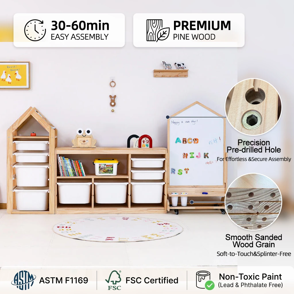 Montessori Kids Toy Storage Organizer Set, Solid Wood Children's Bookshelf with Plastic Bins & Mobil