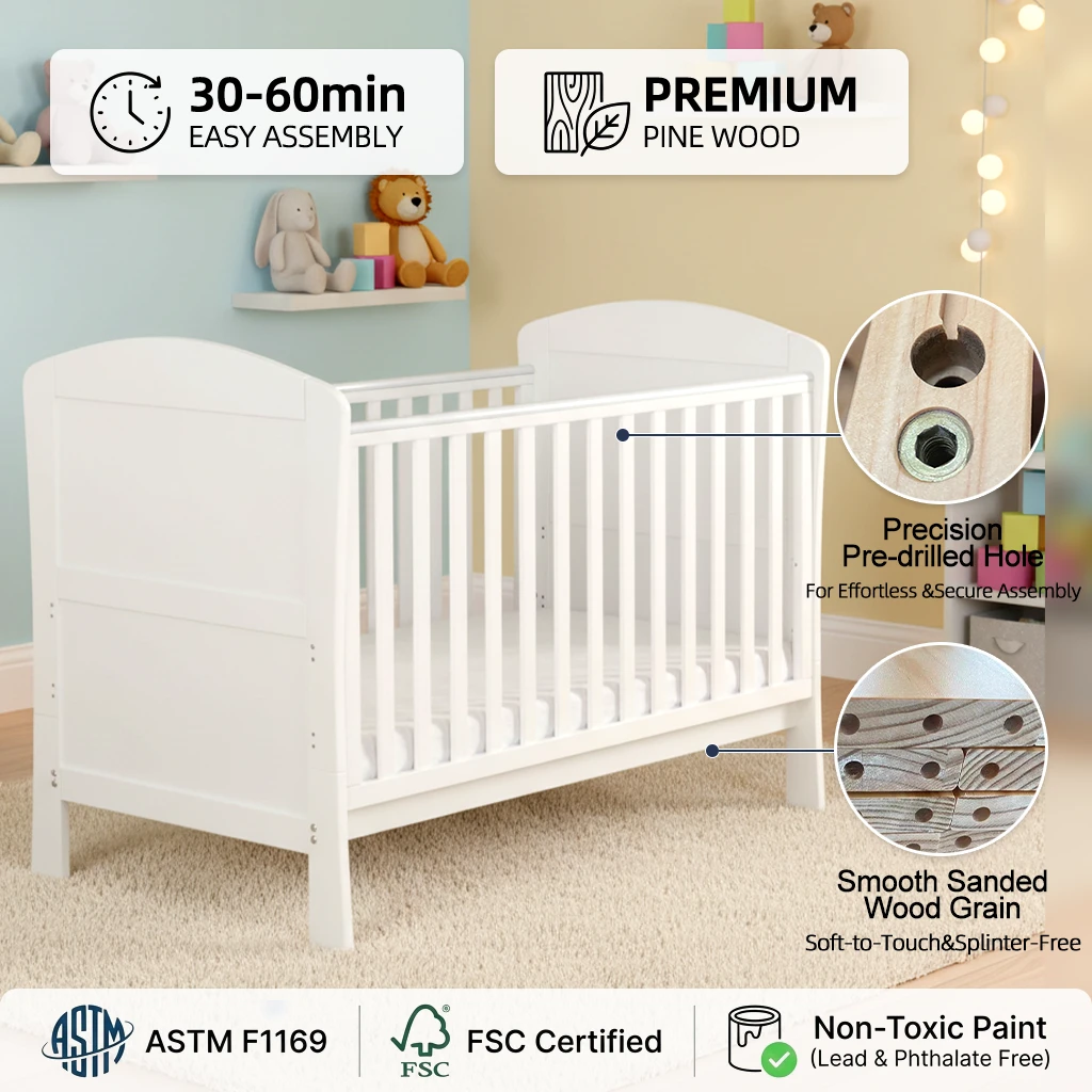 Classic White Solid Wood Baby Crib with Arched Headboard, Modern Scandinavian Style Infant Cot with
