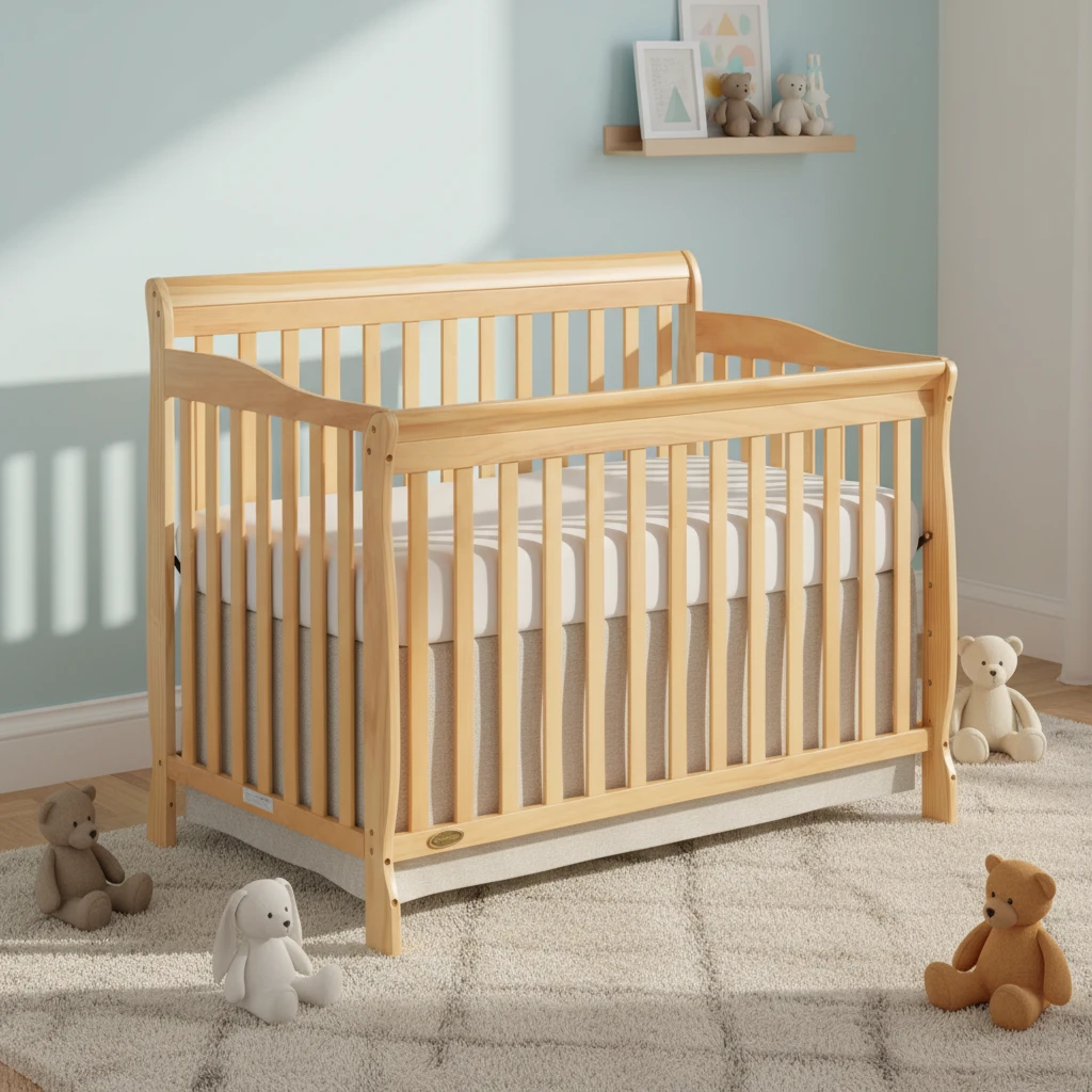 Premium Natural Solid Wood Baby Crib with Adjustable Mattress Base, Modern Scandinavian Style Infant