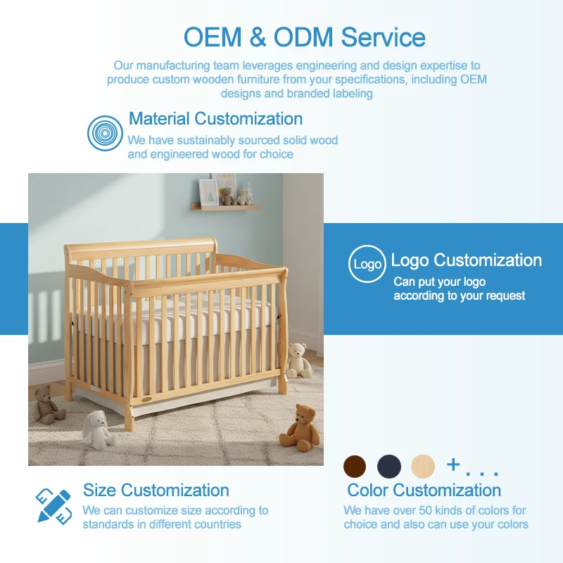 Premium Natural Solid Wood Baby Crib with Adjustable Mattress Base, Modern Scandinavian Style Infant