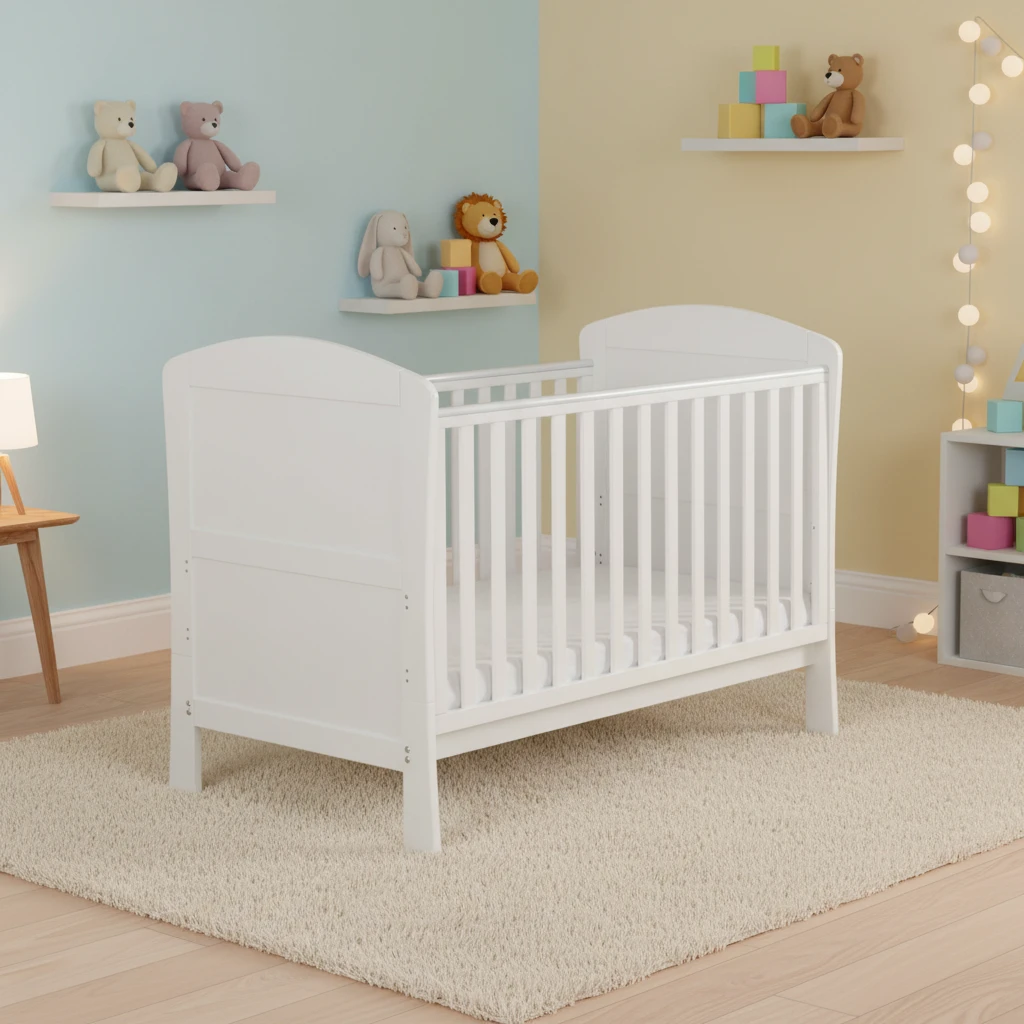 Classic White Solid Wood Baby Crib with Arched Headboard, Modern Scandinavian Style Infant Cot with