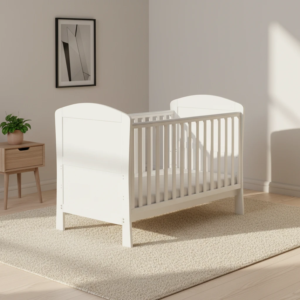 Classic White Solid Wood Baby Crib with Arched Headboard, Modern Scandinavian Style Infant Cot with
