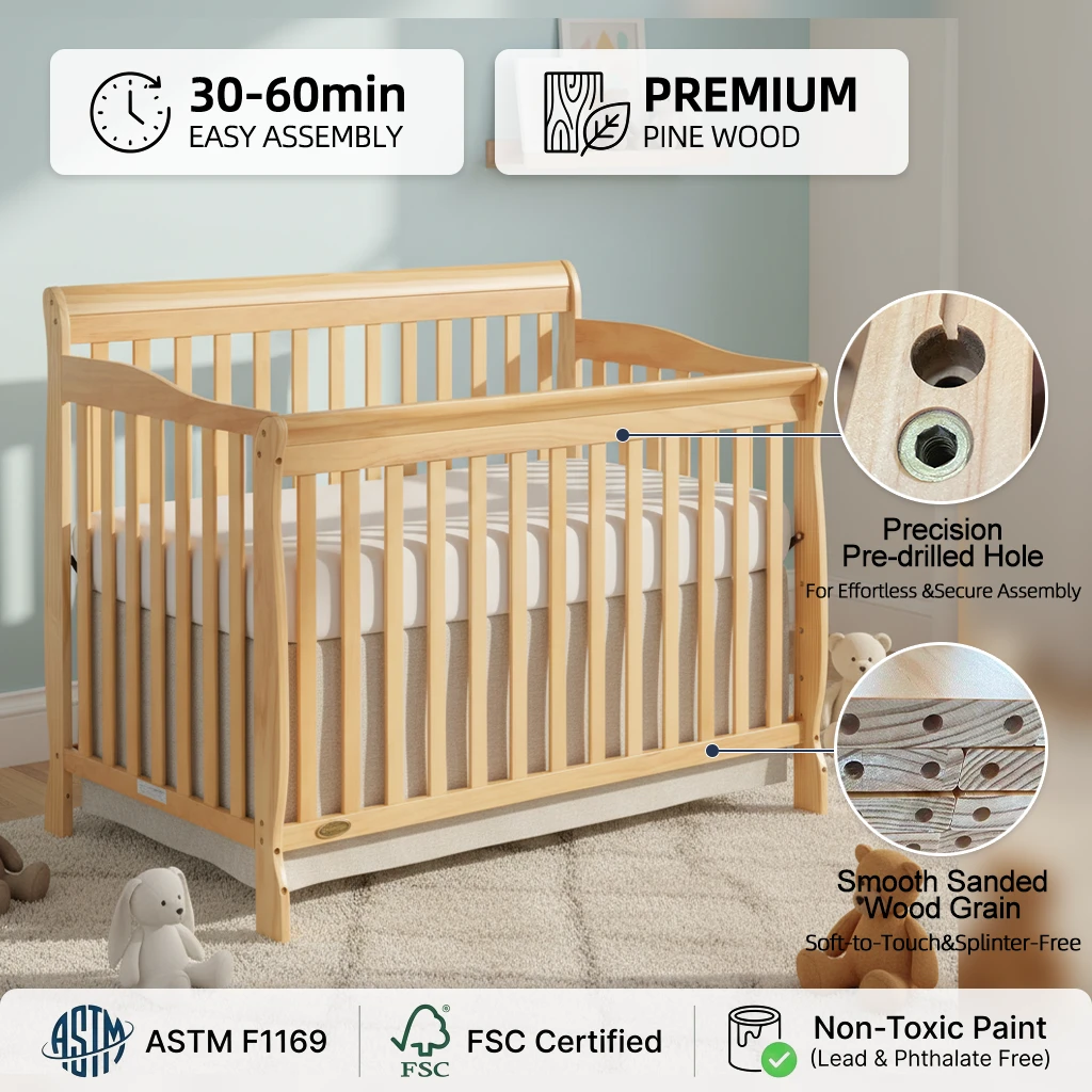 Premium Natural Solid Wood Baby Crib with Adjustable Mattress Base, Modern Scandinavian Style Infant