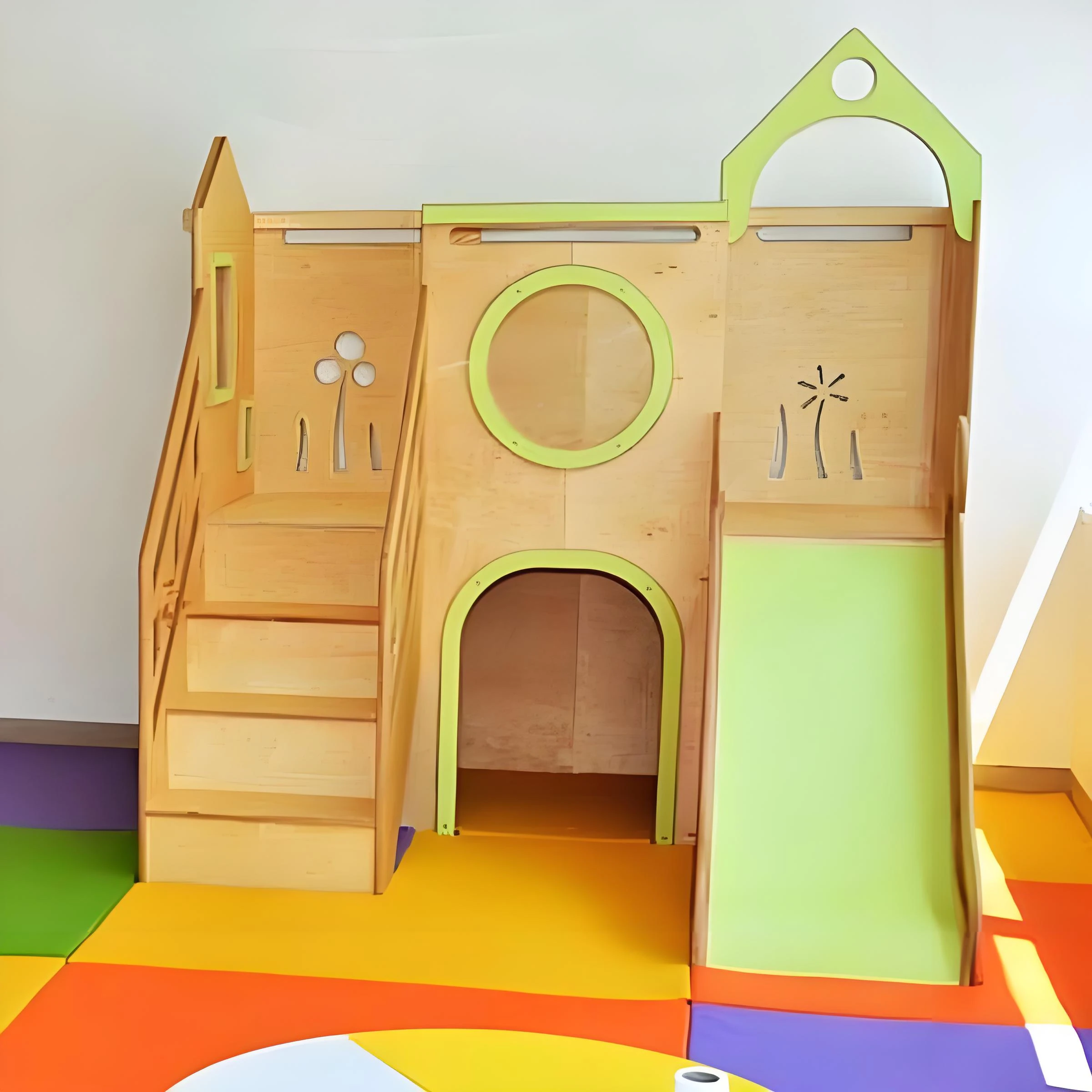 Modern Kids Wooden Indoor Playground with Integrated Playhouse & Slide, Premium Kindergarten Activit