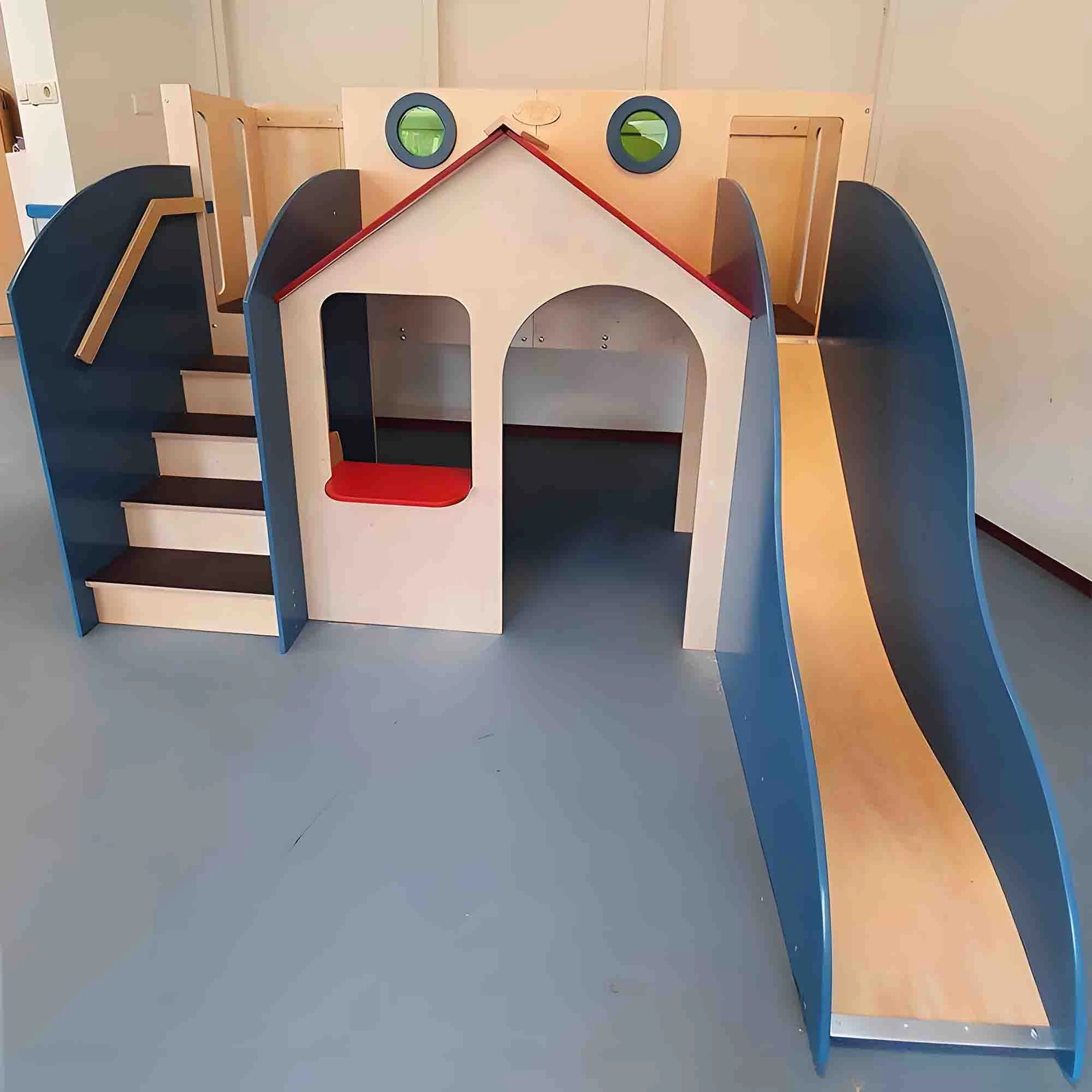 Modern Kids Wooden Indoor Playground with Integrated Playhouse & Slide, Premium Kindergarten Activit