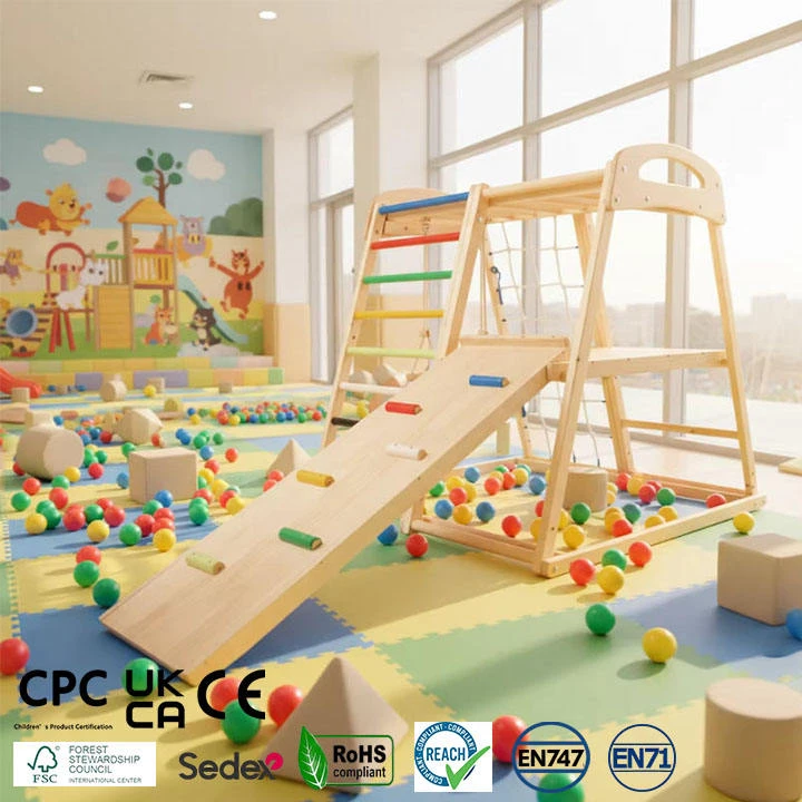 Montessori Wooden Indoor Playground for Toddlers, Multifunctional Kids Climbing Gym with Slide, Ramp