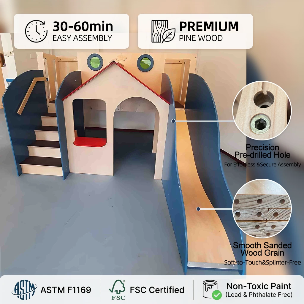 Modern Kids Wooden Indoor Playground with Integrated Playhouse & Slide, Premium Kindergarten Activit