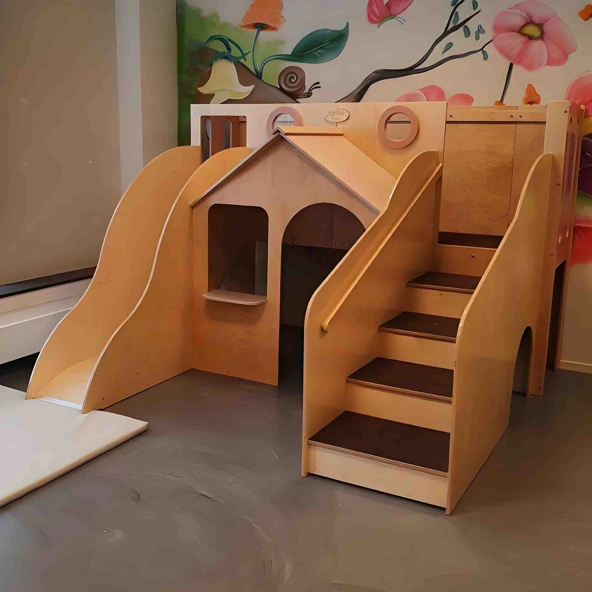 Modern Kids Wooden Indoor Playground with Integrated Playhouse & Slide, Premium Kindergarten Activit