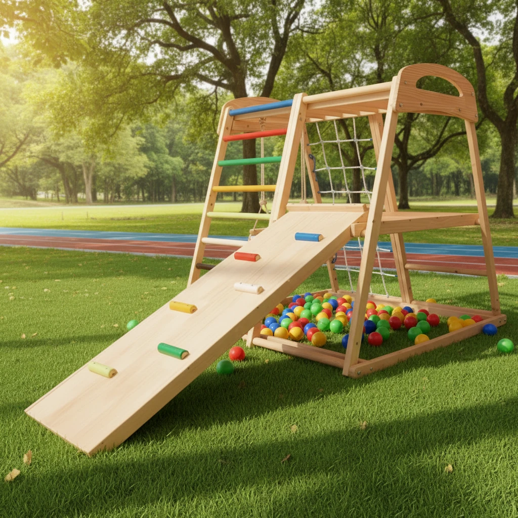 Montessori Wooden Indoor Playground for Toddlers, Multifunctional Kids Climbing Gym with Slide, Ramp
