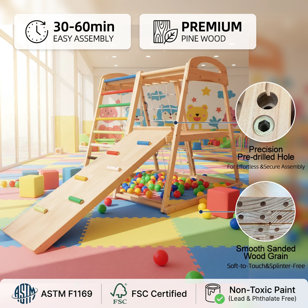 Montessori Wooden Indoor Playground for Toddlers, Multifunctional Kids Climbing Gym with Slide, Ramp