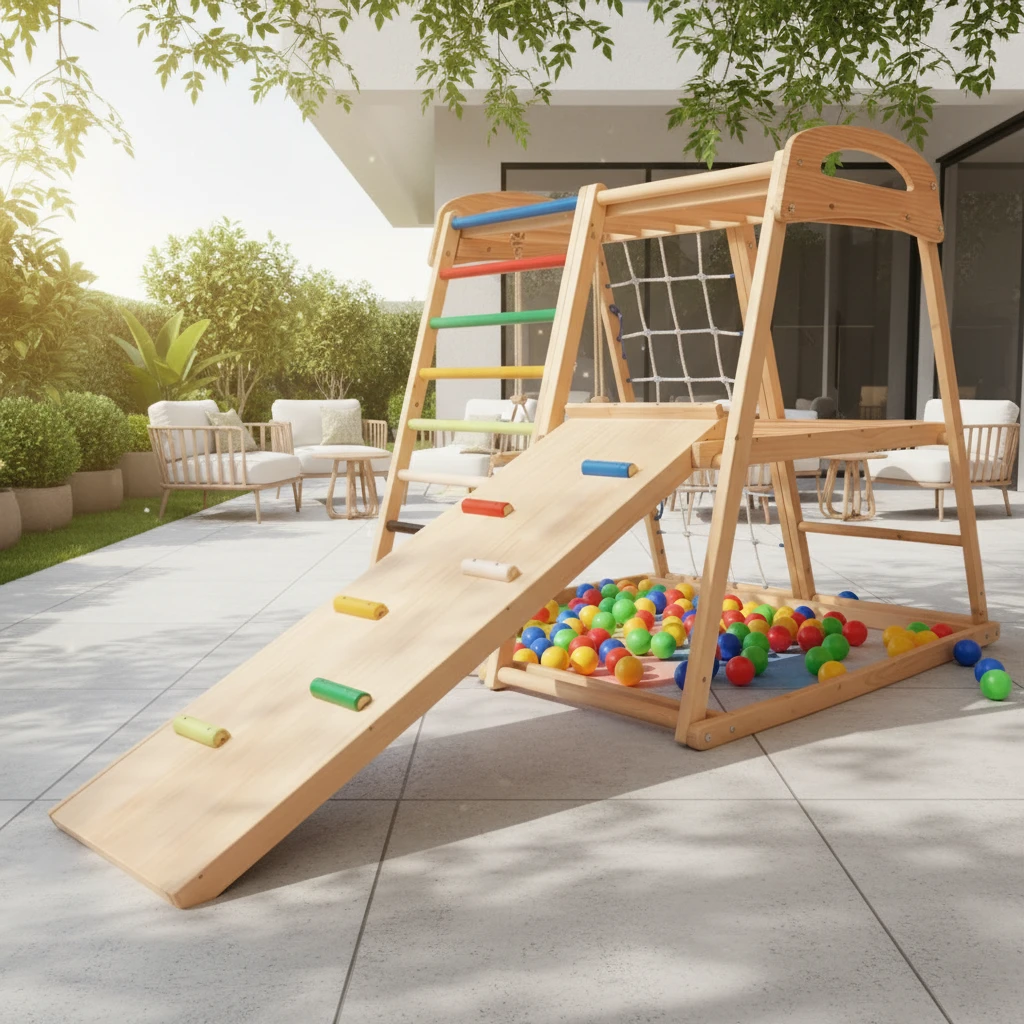 Montessori Wooden Indoor Playground for Toddlers, Multifunctional Kids Climbing Gym with Slide, Ramp