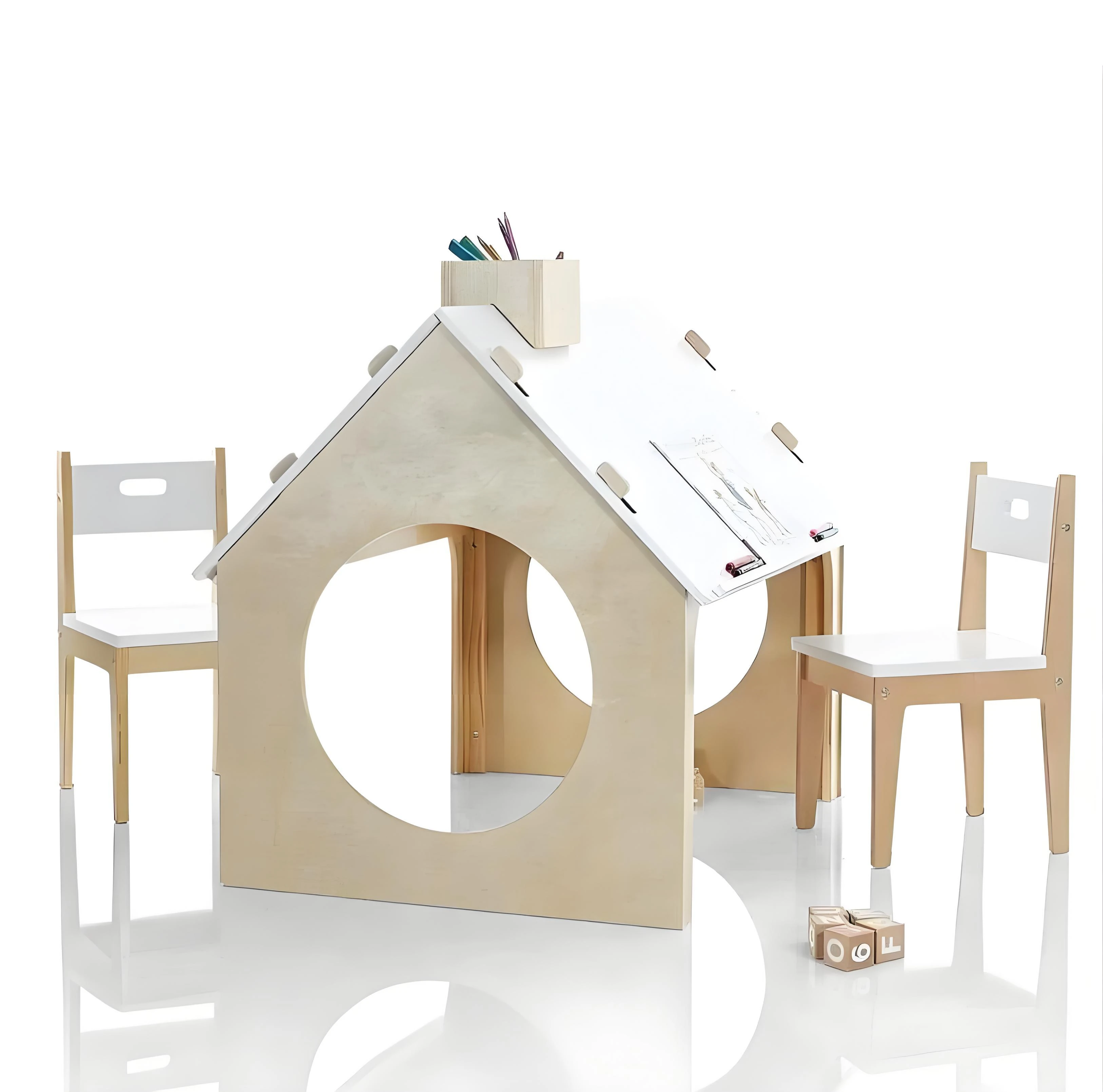 Montessori Wooden Kids Playhouse with Chalkboard Roof & 2 Chairs, Scandinavian Style Activity Center