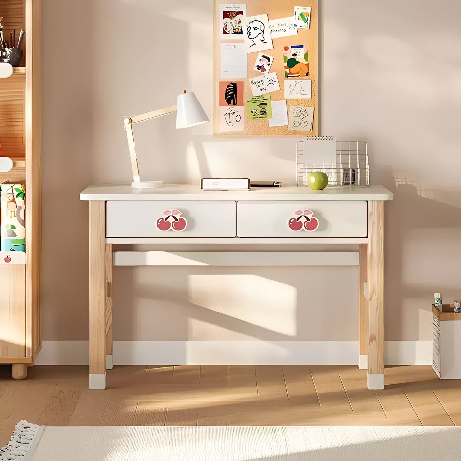 Modern Kids Desk with Cherry Knobs & Matching Bookshelf, 3-Piece Children's Study Furniture Set with