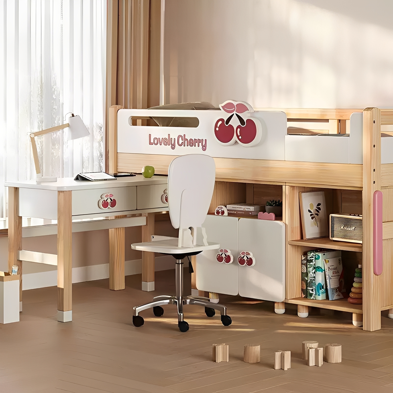 Modern Kids Desk with Cherry Knobs & Matching Bookshelf, 3-Piece Children's Study Furniture Set with