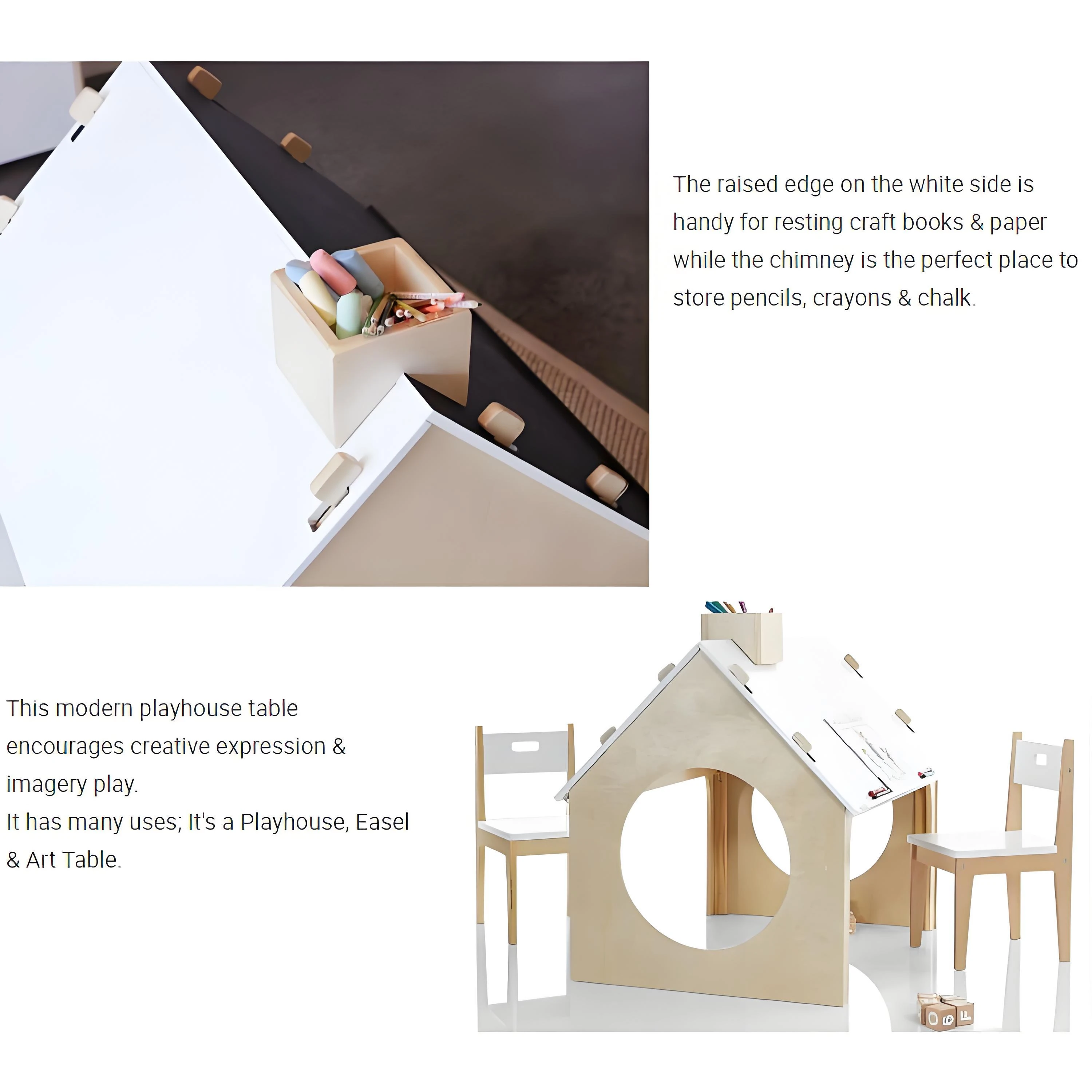 Montessori Wooden Kids Playhouse with Chalkboard Roof & 2 Chairs, Scandinavian Style Activity Center