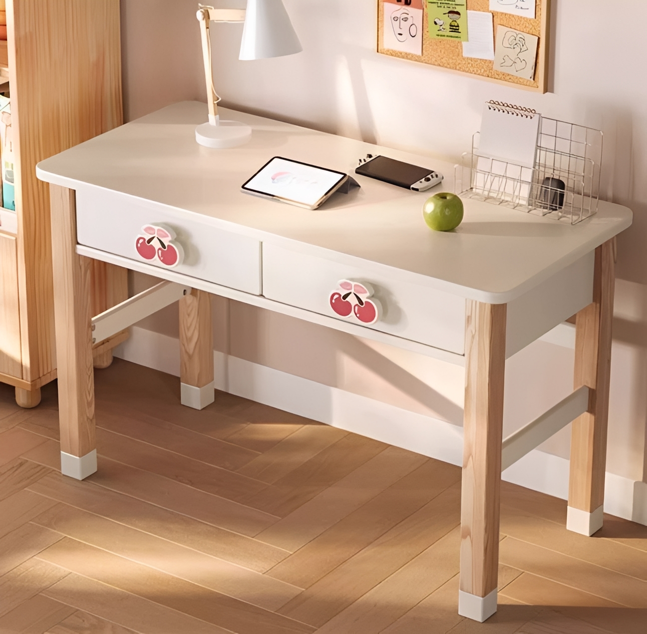 Modern Kids Desk with Cherry Knobs & Matching Bookshelf, 3-Piece Children's Study Furniture Set with