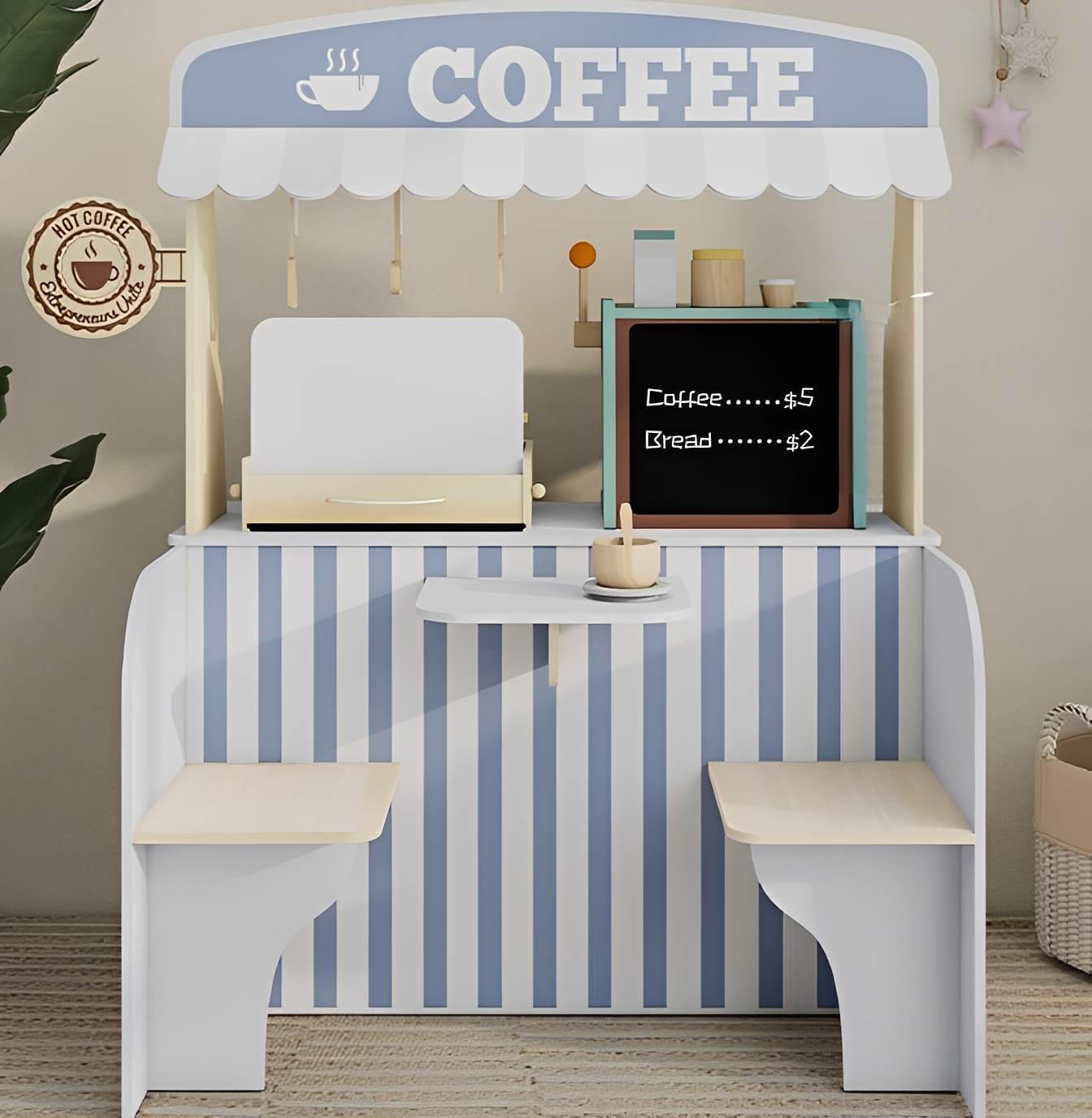 Modern Wooden Kids Coffee Shop Play Stand, Montessori Pretend Play Cafe Counter with Chalkboard Menu