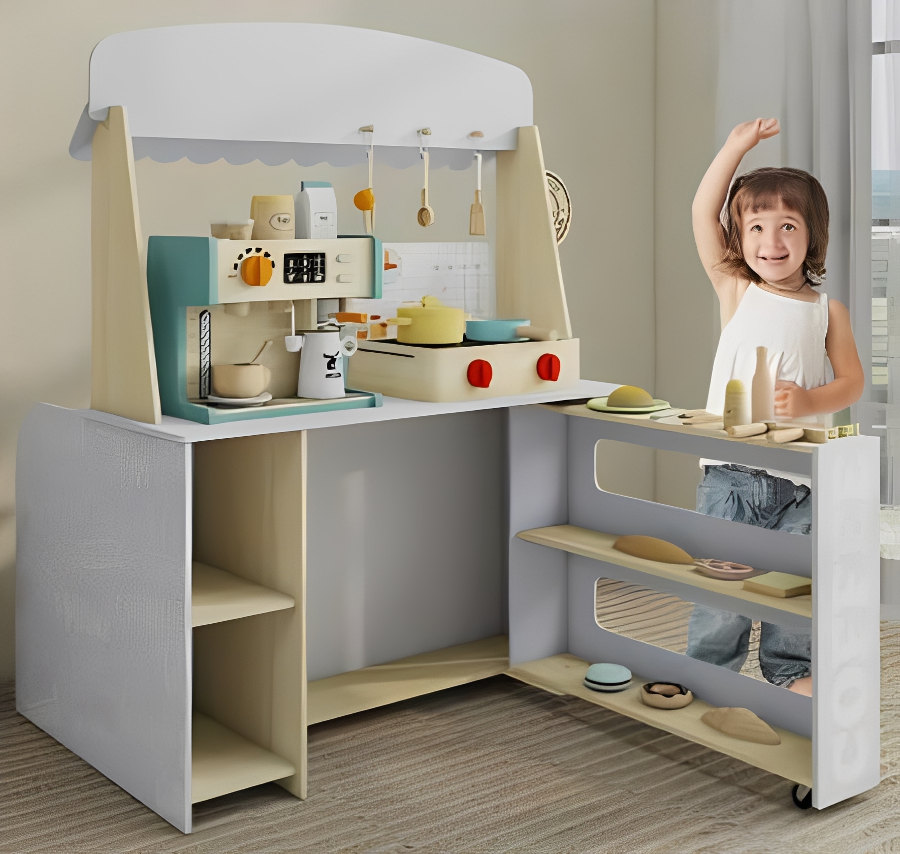 Modern Wooden Kids Coffee Shop Play Stand, Montessori Pretend Play Cafe Counter with Chalkboard Menu