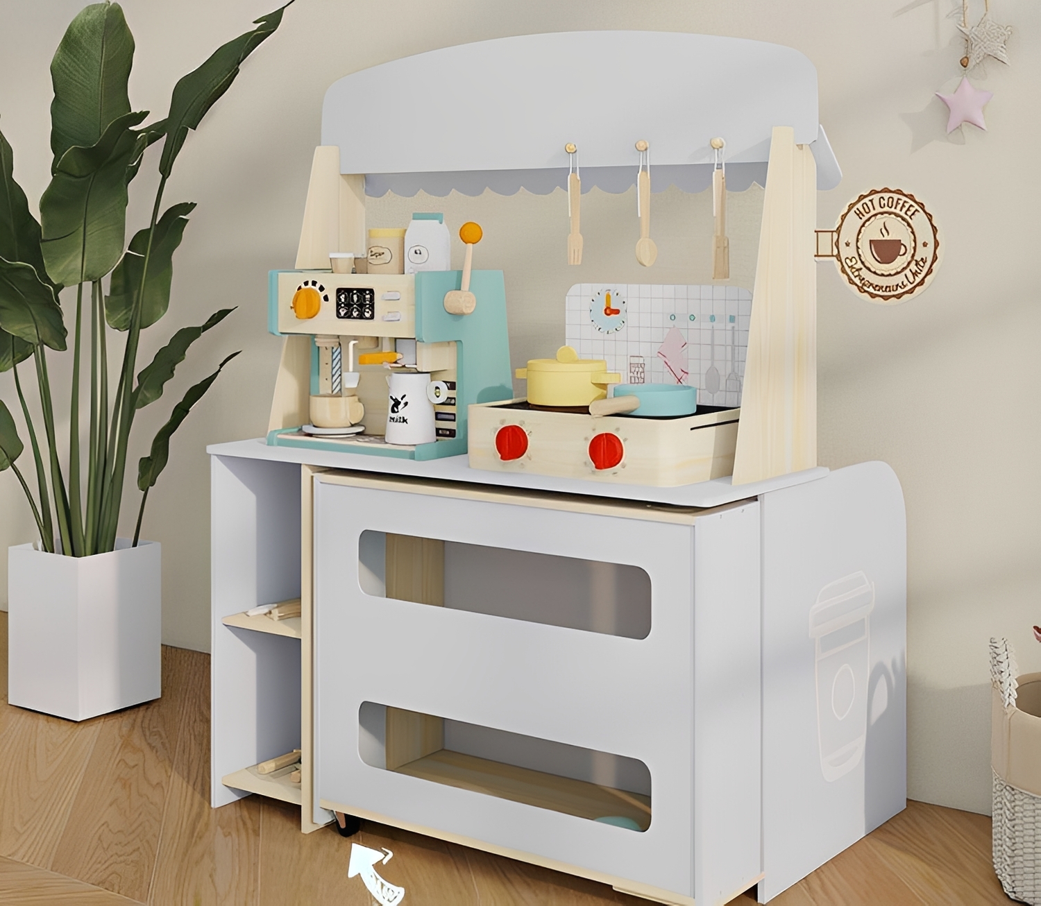 Modern Wooden Kids Coffee Shop Play Stand, Montessori Pretend Play Cafe Counter with Chalkboard Menu