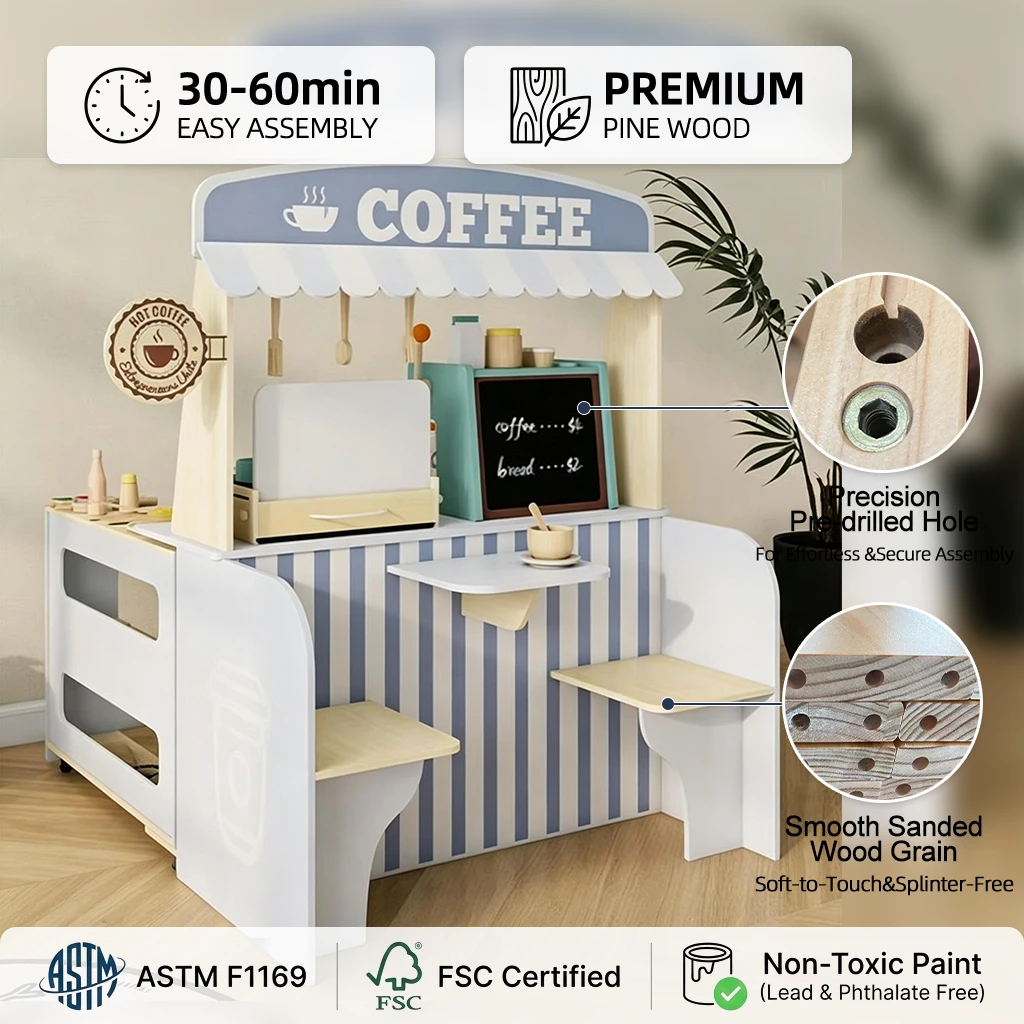 Modern Wooden Kids Coffee Shop Play Stand, Montessori Pretend Play Cafe Counter with Chalkboard Menu