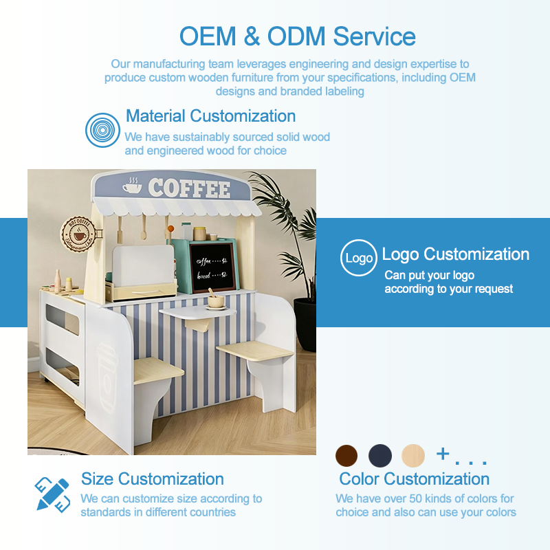 Modern Wooden Kids Coffee Shop Play Stand, Montessori Pretend Play Cafe Counter with Chalkboard Menu & Bench Seating, Scandinavian Style Children's Role-Play Kitchen Furniture