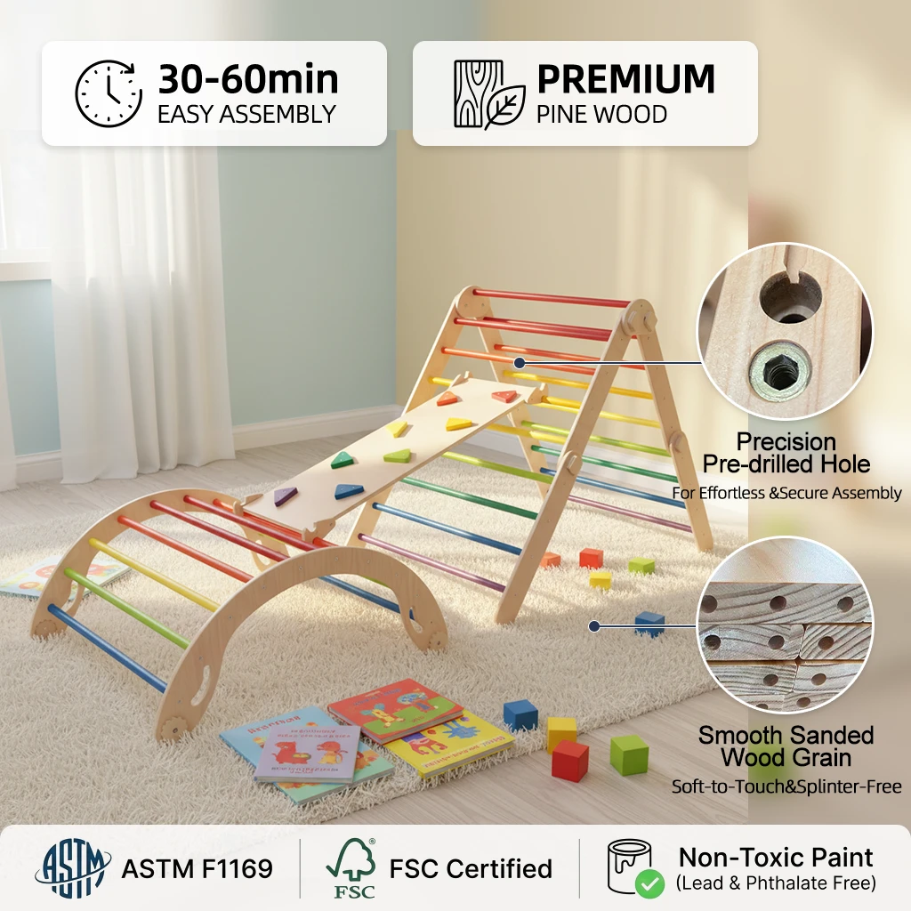 3-Piece Montessori Pikler Climbing Set with Rainbow Rungs, Foldable Triangle Climber, Rocking Arch &