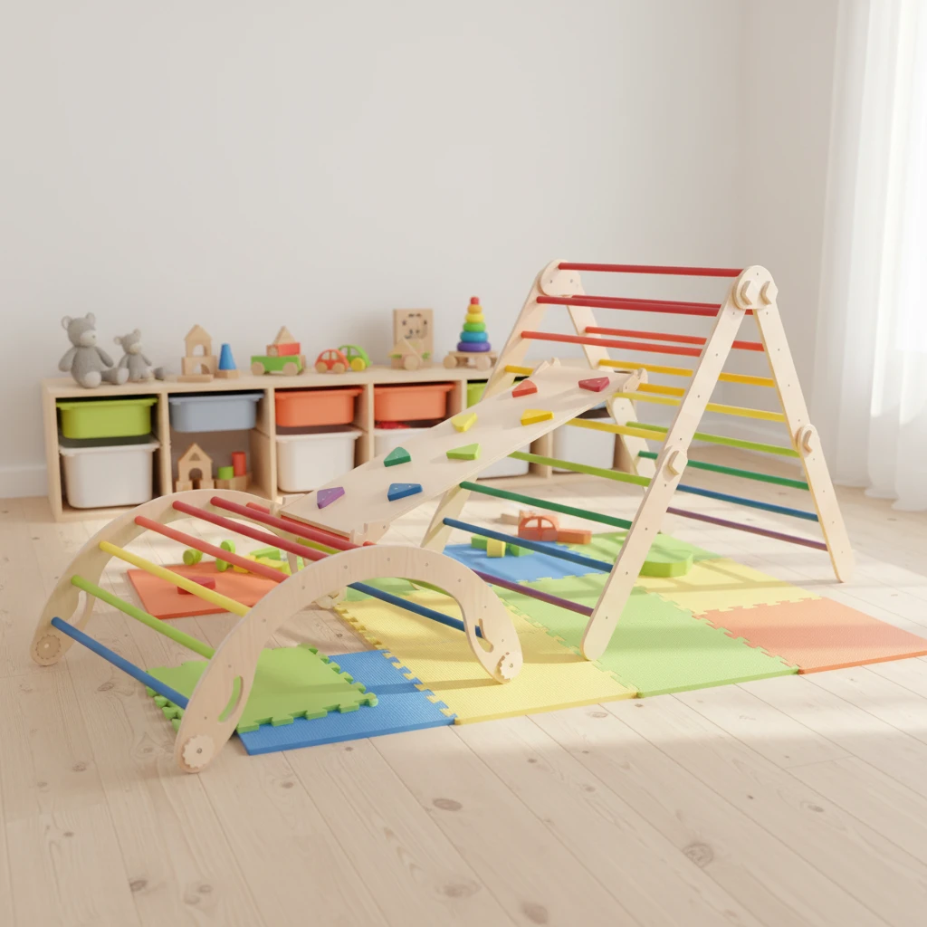 3-Piece Montessori Pikler Climbing Set with Rainbow Rungs, Foldable Triangle Climber, Rocking Arch &