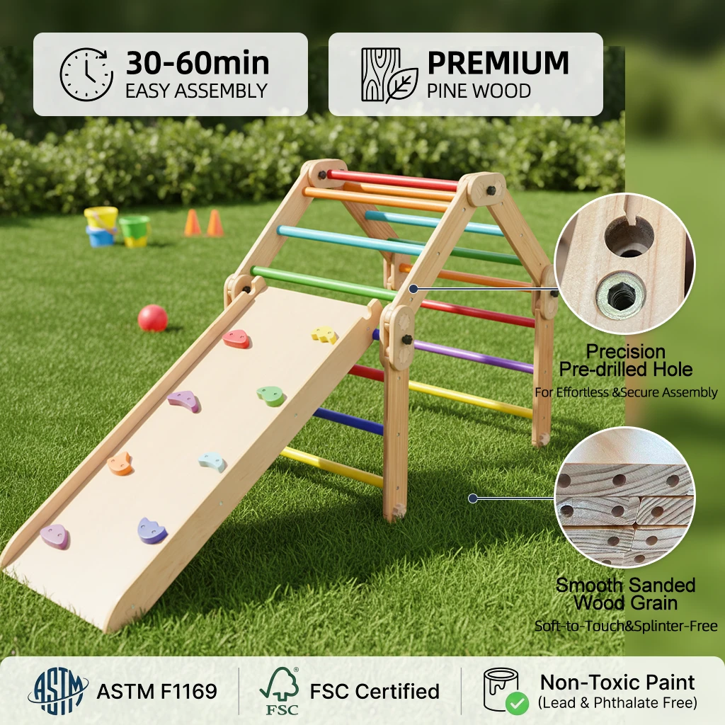 Foldable Montessori Pikler Triangle Climber Set with Ramp, Rainbow Wooden Climbing Frame for Toddler
