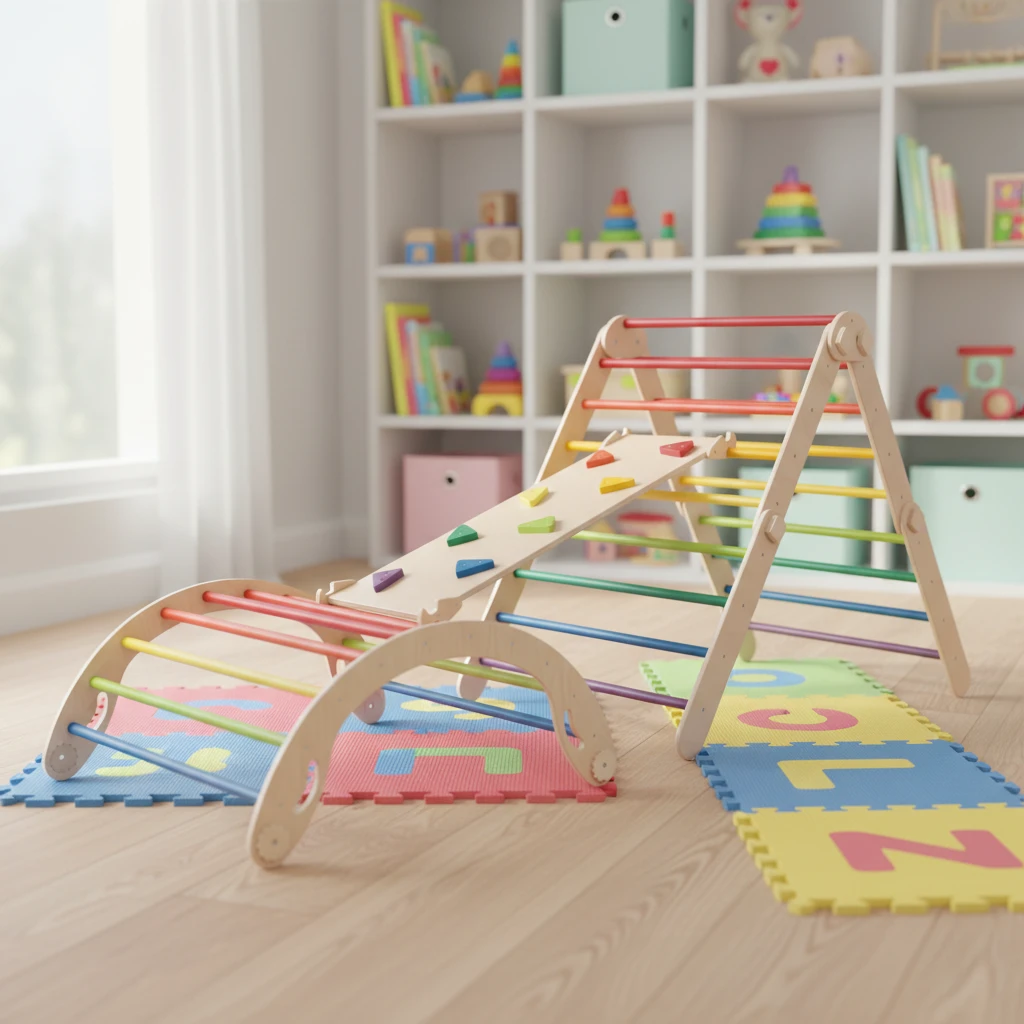 3-Piece Montessori Pikler Climbing Set with Rainbow Rungs, Foldable Triangle Climber, Rocking Arch &