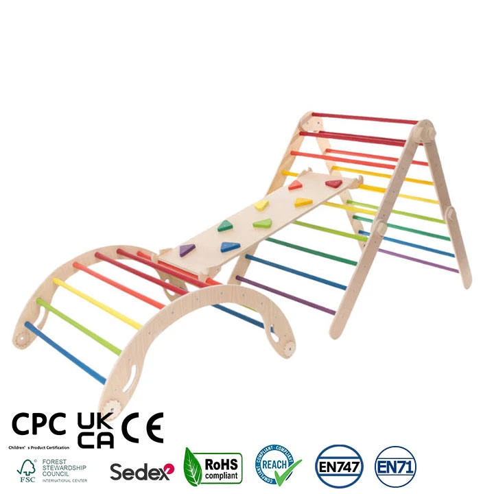 3-Piece Montessori Pikler Climbing Set with Rainbow Rungs, Foldable Triangle Climber, Rocking Arch &