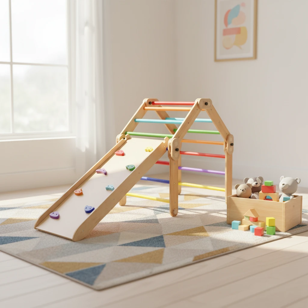 Foldable Montessori Pikler Triangle Climber Set with Ramp, Rainbow Wooden Climbing Frame for Toddler