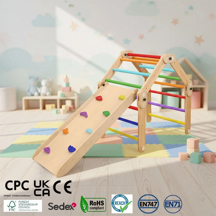 Foldable Montessori Pikler Triangle Climber Set with Ramp, Rainbow Wooden Climbing Frame for Toddler