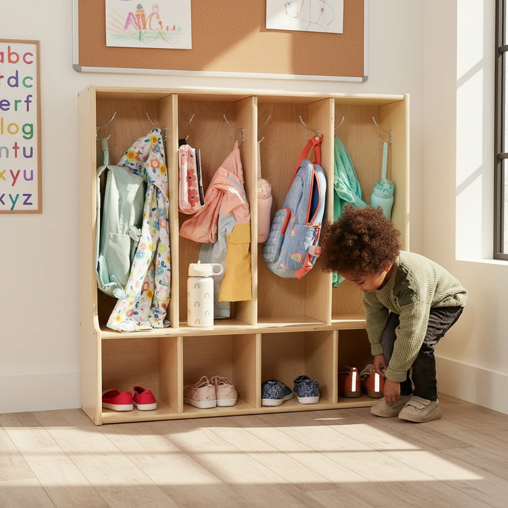 Wooden Kids Cubby Locker with 5 Hooks & Shoe Compartments, Natural Solid Wood Daycare Coat & Backpac