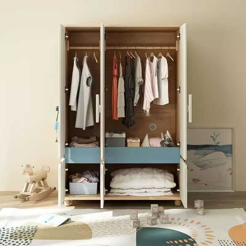 Modern 3-Door Kids Wooden Wardrobe with Dolphin Handle, Children's Storage Cabinet with 3 Drawers, S