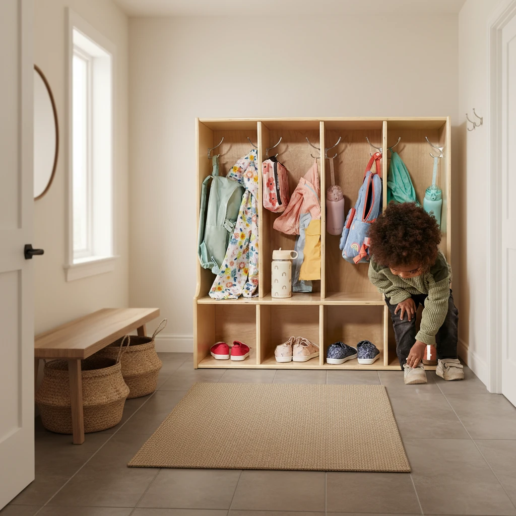 Wooden Kids Cubby Locker with 5 Hooks & Shoe Compartments, Natural Solid Wood Daycare Coat & Backpac