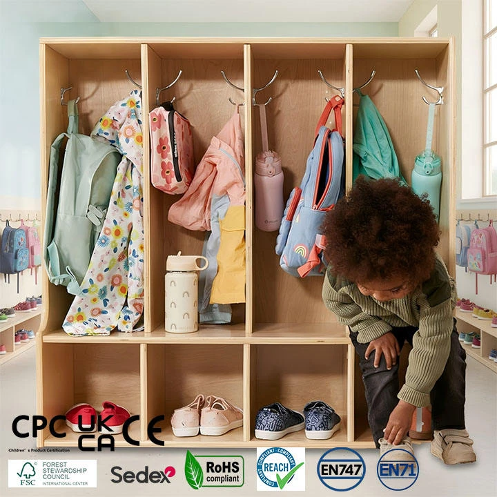 Wooden Kids Cubby Locker with 5 Hooks & Shoe Compartments, Natural Solid Wood Daycare Coat & Backpac